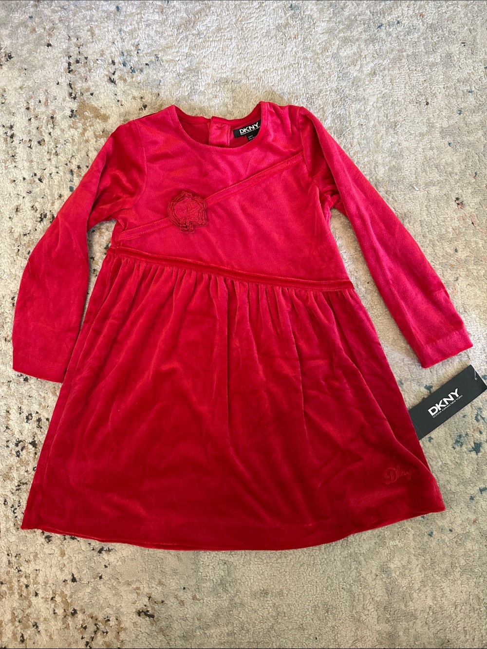 Vintage DKNY Girls Red Velvet Velour Long Sleeve Dress with Floral Applique